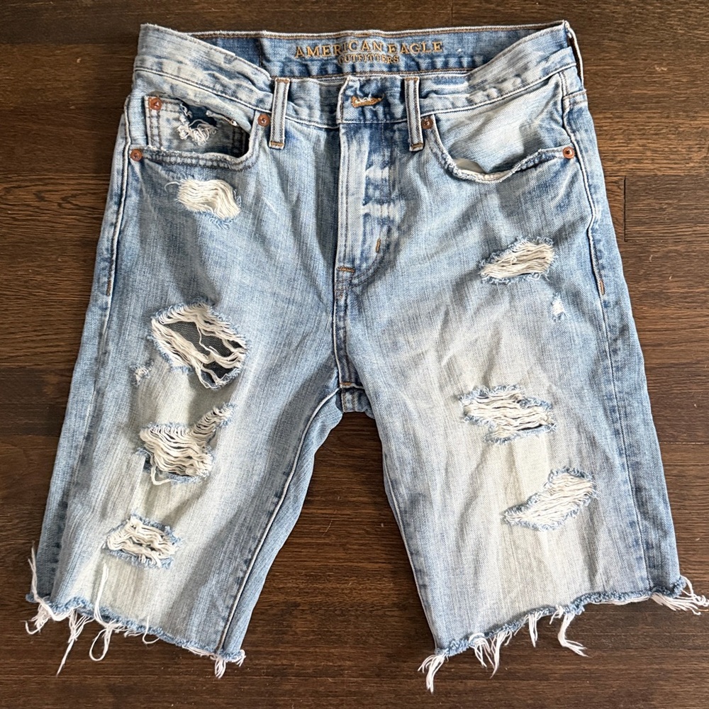 American Eagle Outfitters Light Blue Distressed Jean Shorts